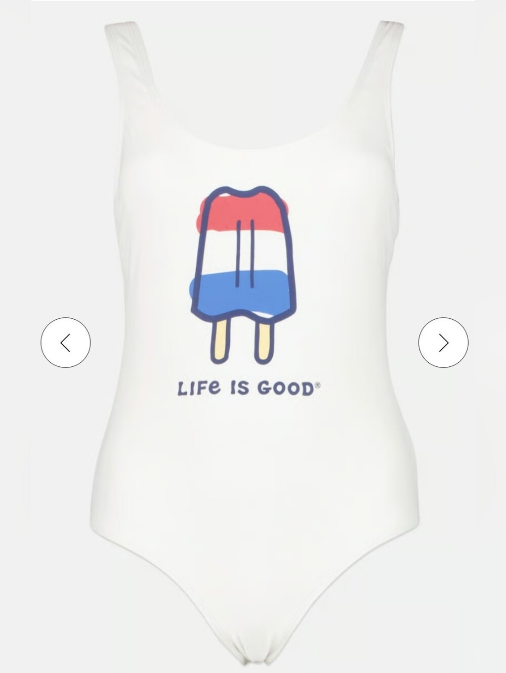 Life Is Good White Swimsuit with Red, Blue & Yellow Popsicle Graphic